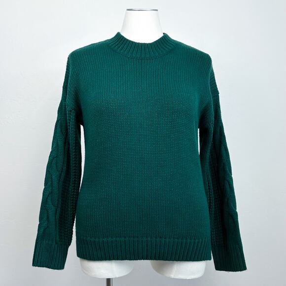 Roolee Green Cable Knit Sleeve Button-Back Crewneck Sweater - Picture 2 of 7